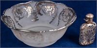 Sterling Silver Overlay Lady's Flask & Glass Bowl