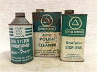 Early Cities Service Fuel, Radiator, Polish cans