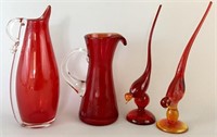 Red Vintage Hand Blown Glass Group (4)