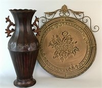 Large Metal Vase & Decorative Medallion
