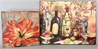 Two Wall Hangings, Floral & Wine Bottles