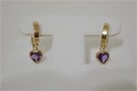 10K Gold Amethyst Heart Earrings