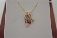 14K Gold Genuine Ruby & Diamond Necklace