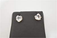 14K Gold White Sapphire Heart Solitaire Earrings