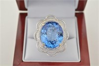 14K Gold 27.84ct Blue Topaz & Diamond Ring