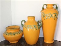 Three Matching Yellow Ceramic Vessels