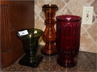 Three Colored Glass Vases in Different