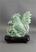 Chinese Green Burma Jadeite Carved Rooster w Stand