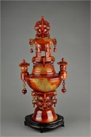 Tall Chinese Agate Carved Tower Pagoda Censer