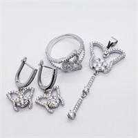 Silver Cz Butterfly Earring Ring And Pendant Set