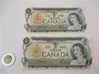 2 billets 1$ can 1973 numéros qui se suivent