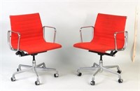 Pair Eames Swivel Desk Chairs, Red Upholstery