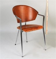 Modernist Brown Leather & Chrome Open Arm Chair