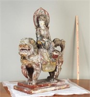 Modern Chinese Style Carved Wood Guanyin on Lion