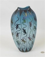 Modern Glass Acid Etched Vase, Lizard Design