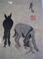 Painting of 2 x donkeys on rice paper, with