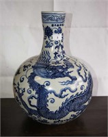 Large blue & white globular dragon vase,