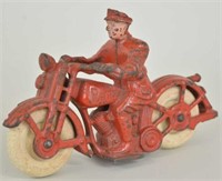 1930 Hubley Red Patrol Motorcycle w/Driver 6 1/2"