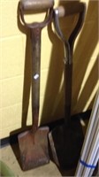 Two wood handle shovels, one pointed and one