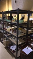Metal five shelf storage unit with wood shelves