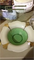 Vintage green and white glass bowl with the