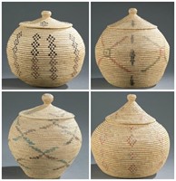 4 Alaska long grass coiled baskets. 20th century.