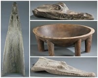 3 crocodile figure heads and bowl. 20th century.