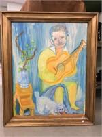 Oil painting of a man playing guitar with a poodle