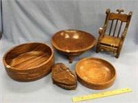 Lot of 2 wood bowls, wood chair, wood serving bowl