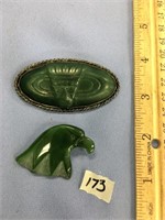 Jade and sterling silver pin with an Aztec carving