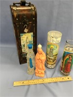 2 Plastic statues of Mary, 2 religious candles, an