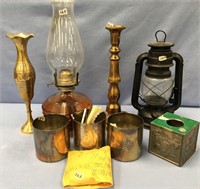 Lot of: 2 brass candlesticks, kerosene lamp, 3 sil