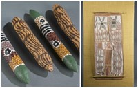 4 Aboriginal painting sticks & a painting.