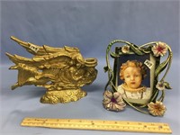 Lot of: brass angel candlestick and beautiful fram