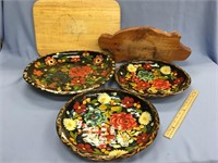 Lot of cutting boards, 3 hand painted Russian tray
