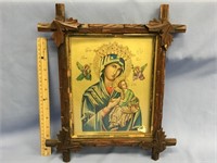 Icon of Mary and Jesus with antique wood frame wit