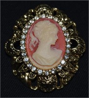 Vintage Cameo Brooch w/ Crystal Accents