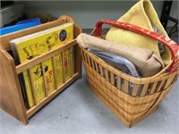 Magazine rack, basket and contents