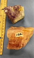 Amethyst crystal specimen and a pink quartz specim