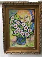 Oil painting of little girl with flowers, 1966