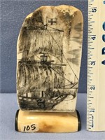 4.5" Sailing ship on fossilized walrus ivory by Mi