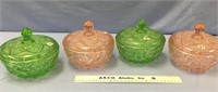Lot of 4 covered depression glass candy dishes