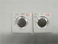 2pc Lot Of 1864 2 Cent Pieces Vf