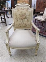 ANTIQUE FRENCH PAINTED CARVED PARLOR CHAIR WITH