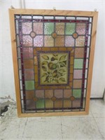 WOOD FRAMED STAINED GLASS WINDOW (SMALL CRACK)