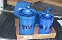 BLUE GRANITEWARE POTS WITH BLUE CANISTERS