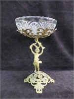 ORNATE METAL FIGURAL COMPOTE WITH GLASS INSERT