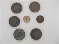 7 Coins-Large Cents, Indian Penny, Dime