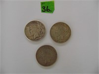 3 Silver Peace Dollars 1922 P,D,S