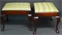Pair Wood Vanity Stool Ottoman w/ Upholstered Seat